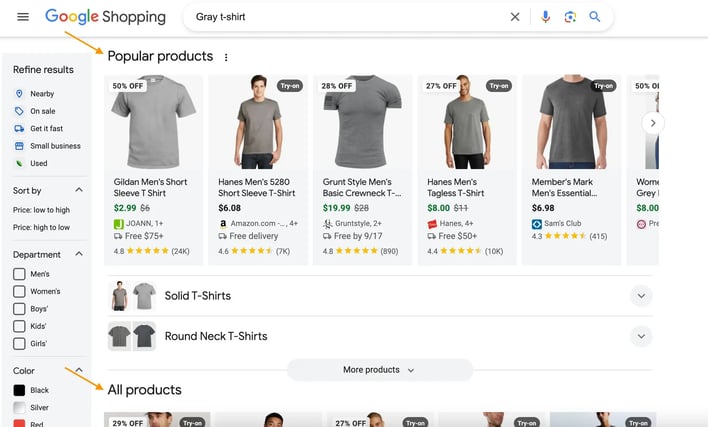 Example of Google Shopping free listings placement for a gray t-shirt