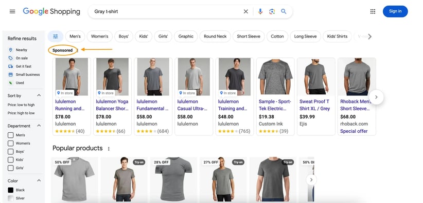 Example of Google Shopping ads placement for a gray t-shirt