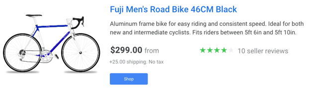 Google Shopping listing of bicycle with example of product description