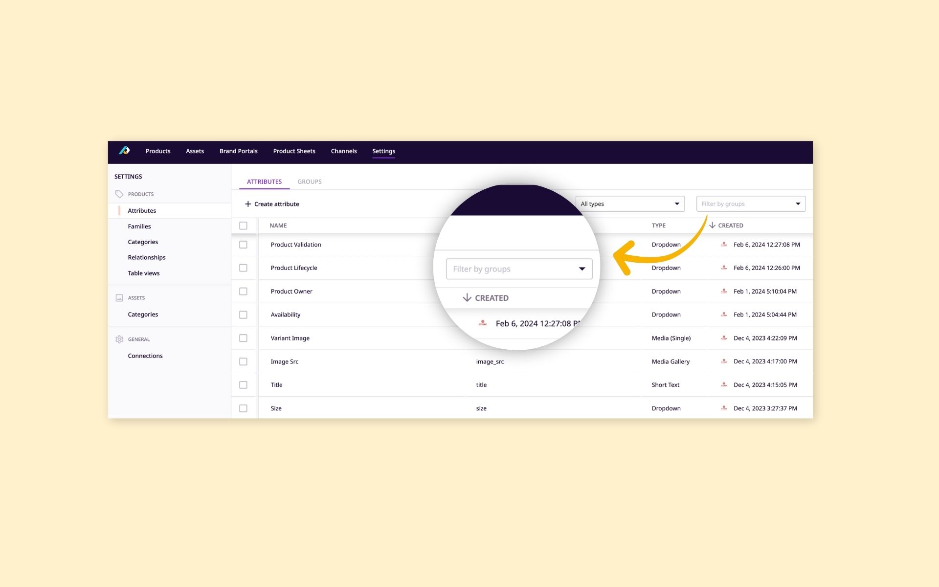 Filter your attributes by attribute groups in the Settings tab.