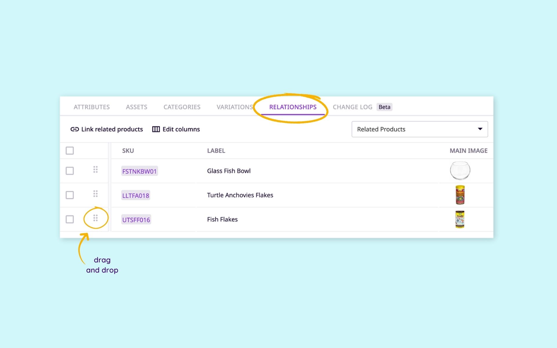 Edit columns and reorder related products to customize how they will be displayed in your outputs.